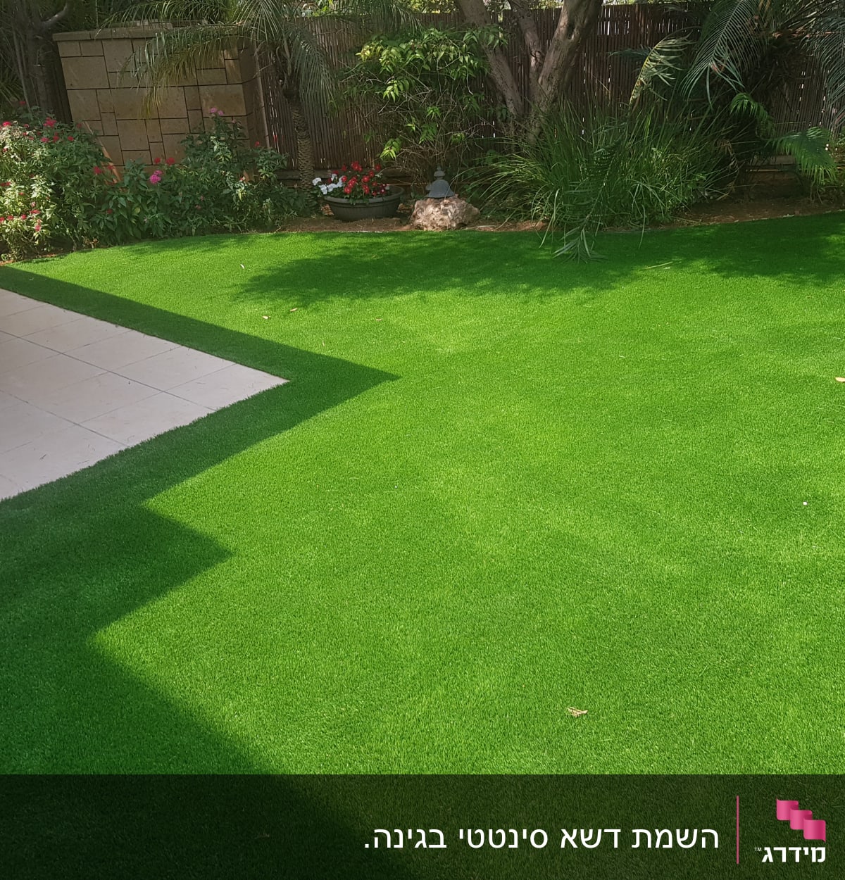 דשא ירוק, שיחים ופרחים בגינה מטופחת